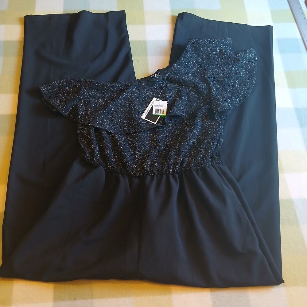Eci New York Nwt Black One Shoulder Sparkling Top Wide Leg Jumpsuit